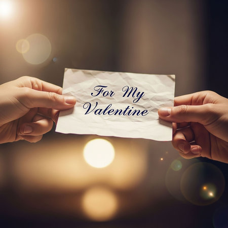 two female hands holding a piece of paper with the text for my valentineの写真素材