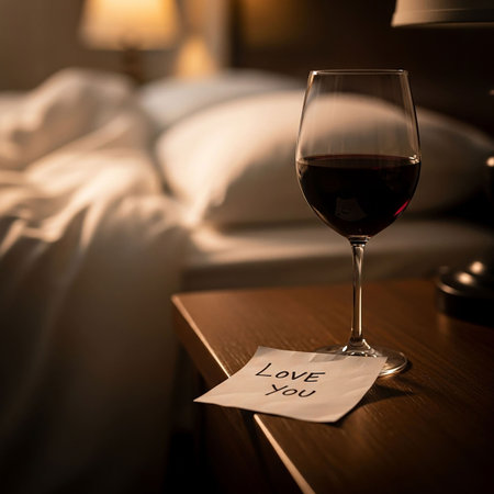 Glass of red wine on the bed in the hotel room. Selective focus.の写真素材