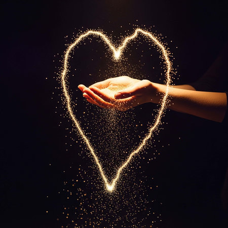 Female hand holding shining heart on black background. Valentine's day concept