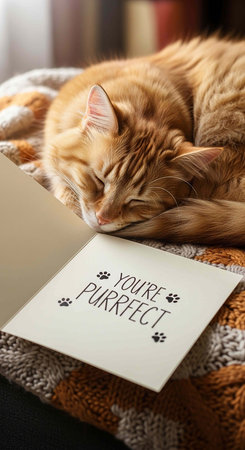 Cute ginger cat sleeping on warm plaid and cardの写真素材