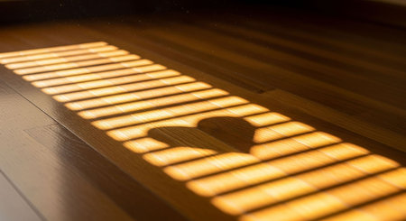 Light and shadow on a wooden floor in a room with blindsの写真素材