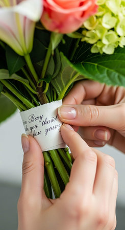 close up of woman's hands making bouquet for valentines dayの写真素材