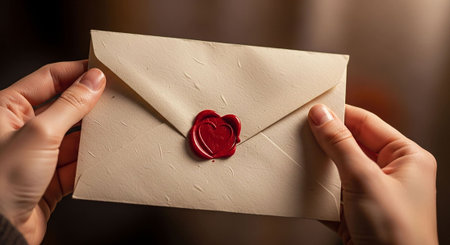 Female hands holding an envelope with a red wax seal in the shape of a heartの写真素材