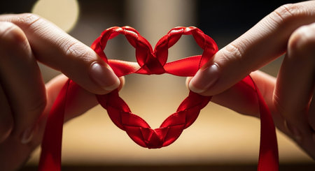 Close-up of female hands holding red heart-shaped ribbon.の写真素材