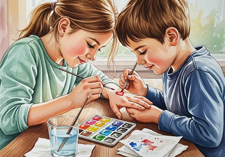 Boy and girl painting with watercolor paints. Childrens creativity.の写真素材