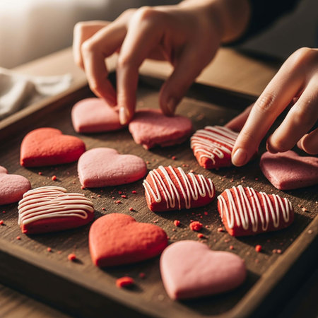 Female hands decorating heart shaped cookies for Valentine's Day, close upの写真素材