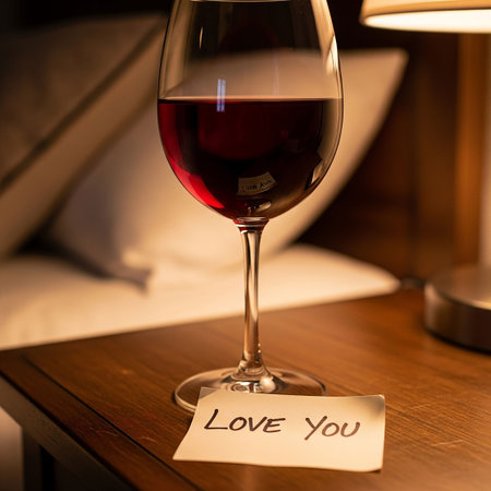 A glass of red wine and a piece of paper with the inscription love youの写真素材