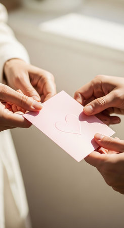 close up of woman and man holding pink paper card with heart shapeの写真素材