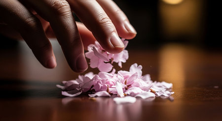 Close up of woman's hand putting petals of cherry blossom on wooden tableの写真素材