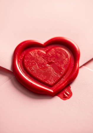 Red heart on a pink envelope close-up.の写真素材