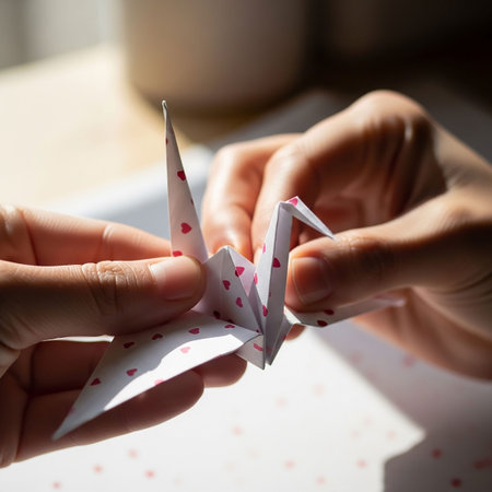 Paper origami crane in female hands, close-up. Creative hobby conceptの写真素材