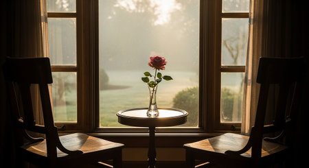 Vase of roses on the table in front of the window.の写真素材