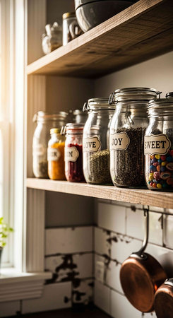 Jars with different kinds of spices on wooden shelves in kitchen
