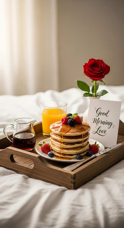 Breakfast in bed with pancakes, orange juice and coffee. Breakfast in bed.の写真素材
