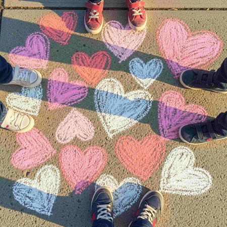 Colorful drawing of hearts on the pavement. Top view. Love conceptの写真素材