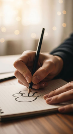 Close up of a woman's hand writing in a notepad.の写真素材