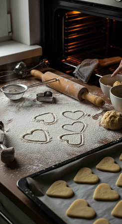 Cooking cookies in the shape of a heart. Preparation for baking.の写真素材