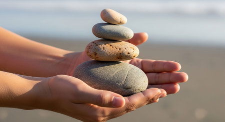 Stack of zen stones in female hands on the seashore