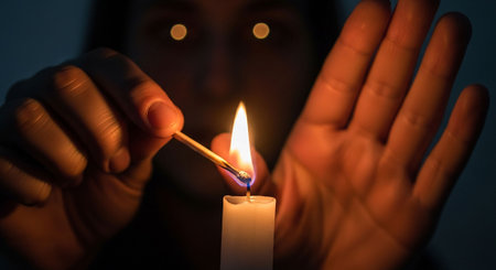 Woman lighting a candle with a match in the dark. Selective focus.の写真素材