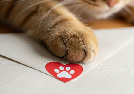 Close up of a cat's paw with a red heart on the envelopeの写真素材