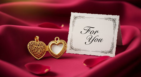 Valentine's day greeting card with two golden hearts on red satin backgroundの写真素材