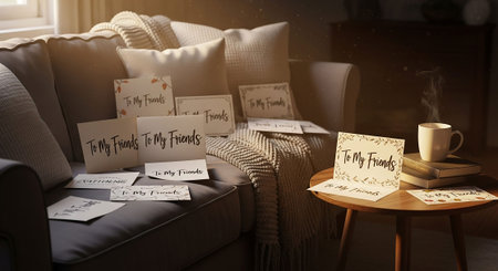 Coffee and postcards on the sofa in the living roomの写真素材