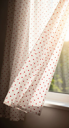 White curtain with red polka dots on the windowsill in the morningの写真素材