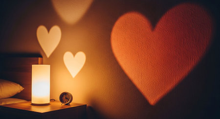 Valentine's day background with heart and candle on the bedの写真素材