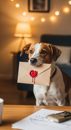 Dog holding envelope with red heart on it. Valentine's day concept.の写真素材