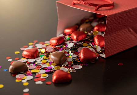 Red gift box with chocolate hearts and confetti on a black backgroundの写真素材