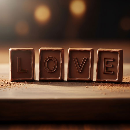 Chocolate cubes with word LOVE on a wooden background. Toned.の写真素材