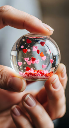 Valentine's day. A girl holds a crystal ball with hearts.の写真素材