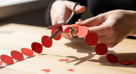 Close up of woman cutting red paper hearts with scissors on wooden tableの写真素材