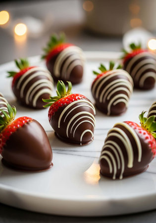 Strawberry chocolate dipped in dark chocolate on a white plate.の写真素材
