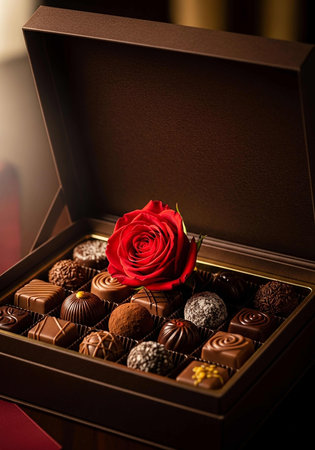 Box of assorted chocolates and red rose on dark background.の写真素材