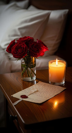 A bouquet of red roses on a wooden table with a burning candleの写真素材