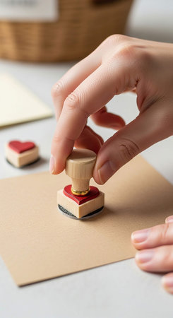 Close-up of female hands stamping wax seal on blank cardの写真素材