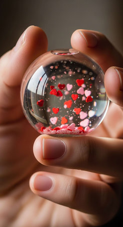 Crystal ball with red hearts in the hands of a young woman.の写真素材
