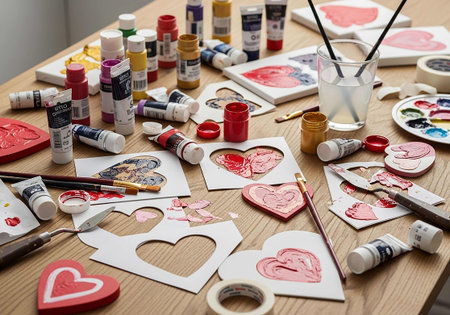 Painting a heart with paints and brushes on a wooden table.の写真素材