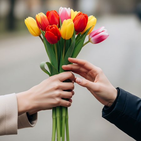 Cropped image of couple holding bouquet of tulips on streetの写真素材