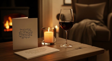 Wine and letter on the table in front of the fireplace.の写真素材