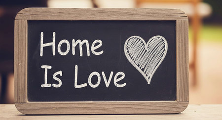 Home is love message written on a chalkboard in a coffee shopの写真素材