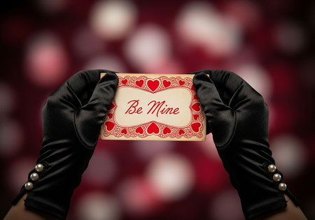 Female hands in black gloves holding a valentine's day cardの写真素材