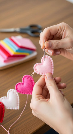 Close-up of female hands knitting felt hearts with needles on wooden tableの写真素材