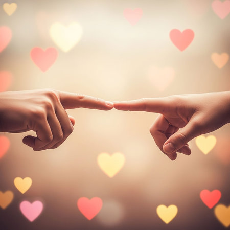 Close up of two hands holding each other with heart bokeh backgroundの写真素材