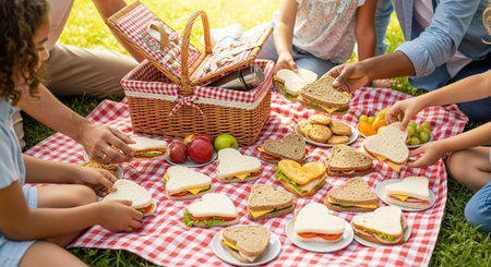 cropped shot of friends having picnic on blanket with sandwiches and fruitsの写真素材