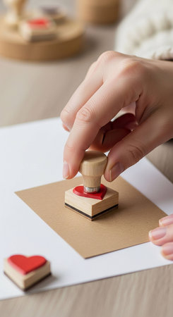 Close-up image of female hands stamping wax seal on blank paperの写真素材