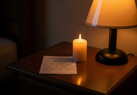 Candle and letter on the bedside table. Selective focus.の写真素材