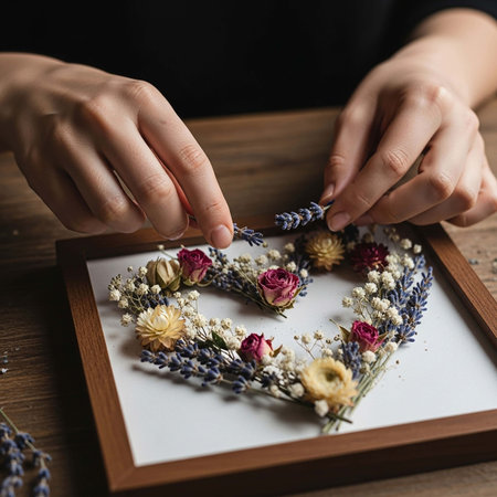 Florist making heart of dried flowers at wooden table, closeupの写真素材