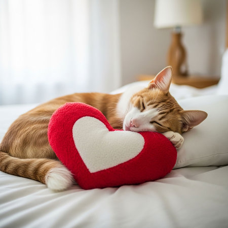 Cute ginger cat sleeping on the bed with a red heart.の写真素材